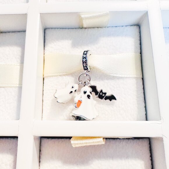 925 Sterling Silver Glow In The Dark Ghost Duet With Bat Dangle Charm - Picture 6 of 8